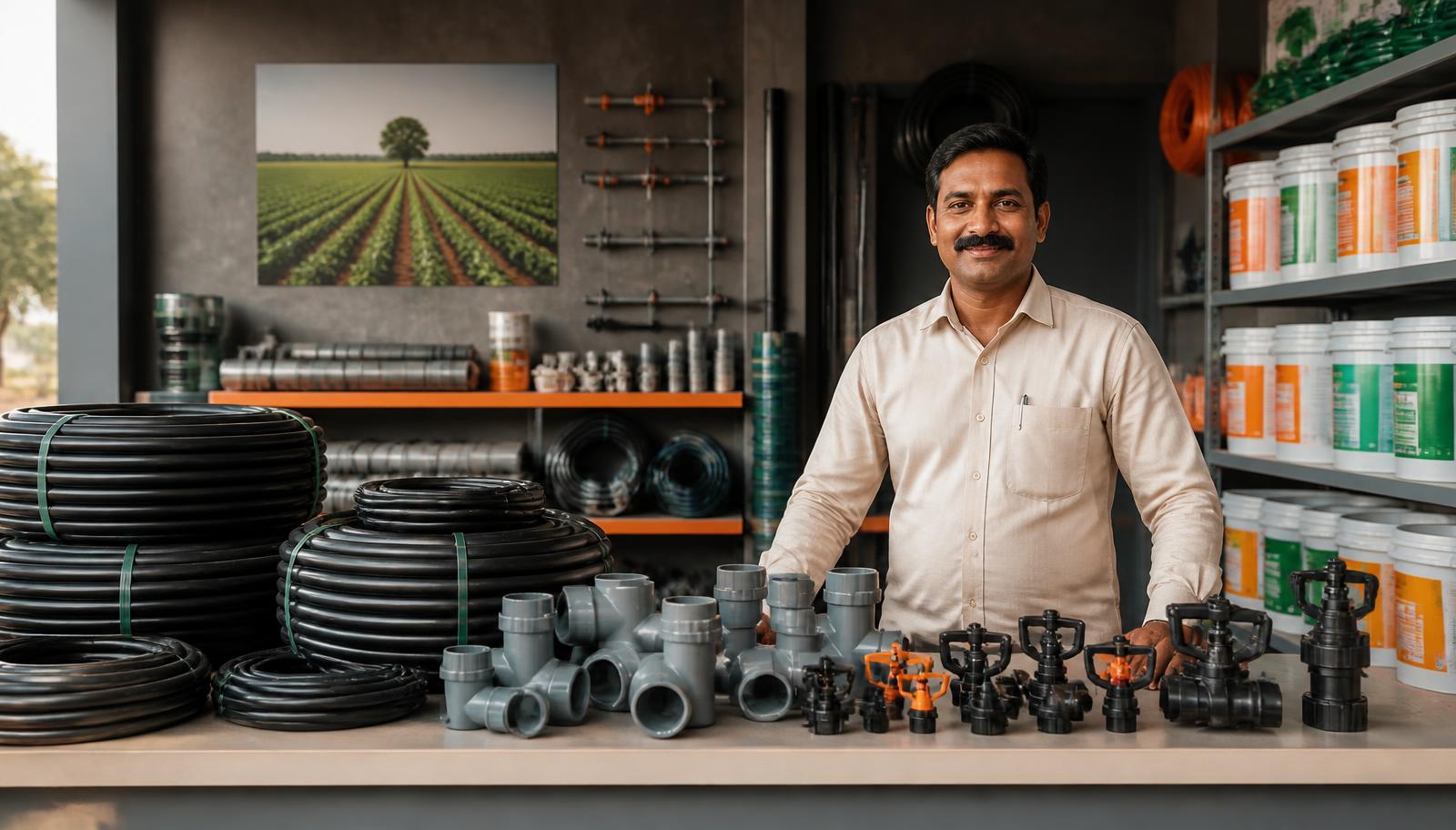 Irrigation pipes, sprinkler fittings and paint stock at Laxmi Narayan Sales